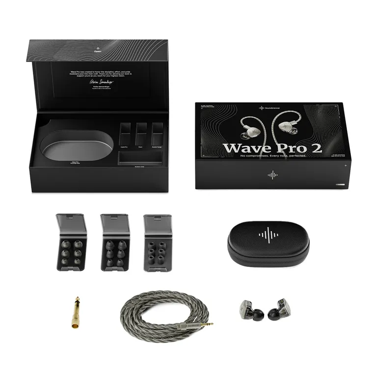 The Wave Pro 2 standard kit: monitors, cable, ear tips, case and adapter